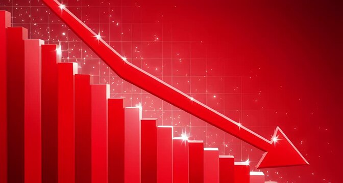 A stark red 3d chart depicting a sharp decline with a downward arrow, symbolizing financial loss animated 4k video