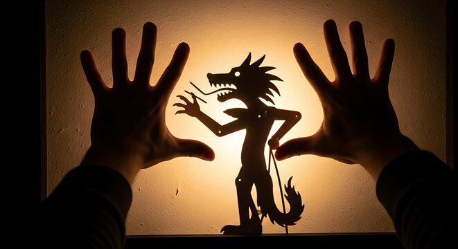 Shadow Play: Silhouette of a Dragon-like Figure with Hands Framing the Scene
