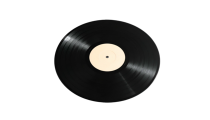 Black vinyl record with blank center label on a black background