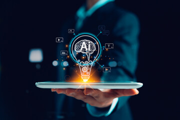 Fototapeta na wymiar Businesswoman embraces the AI creative innovation concept, with a light bulb symbolizing artificial intelligence powering the modern digital generation of text, image, video, and audio content.