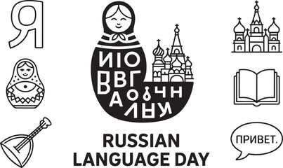 Russian Language Day Vector Collection - Cyrillic Alphabet, Matryoshka, Balalaika, Moscow Cathedral