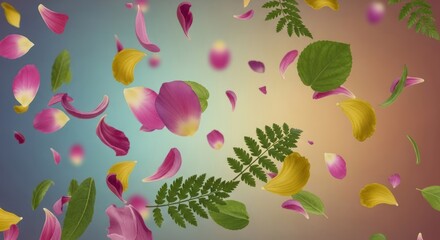 A colorful flower arrangement with pink, yellow, and green petals and leaves against a gradient background.
