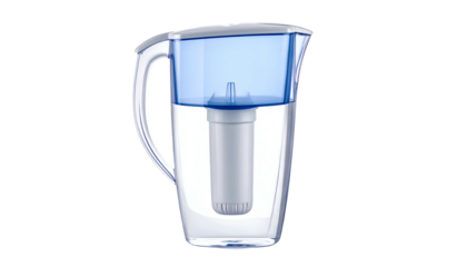 Transparent water pitcher filled, with filter visible in the blue water