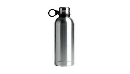 Metallic, cylindrical water bottle with black cap and loop