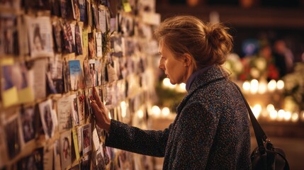 A woman solemnly touches a photo on a public memorial wall, surrounded by the warm, soft glow of candlelight. Represents remembrance, grief, commemoration, and personal reflection on loss or tragedy