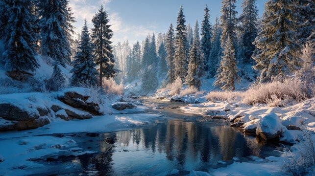Snow-covered forest scenic landscape silent and pristine with frosted evergreens and a frozen river reflecting the pale winter sun