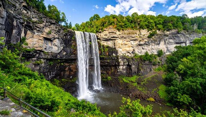 A cascading waterfall plunges into a pool against a rocky cliff face