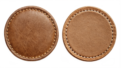 Two brown leather patches with stitching isolated on transparent background