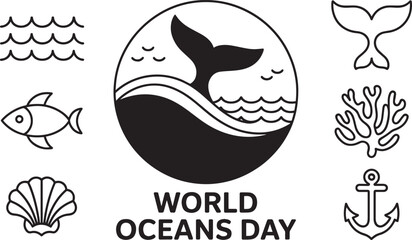 World Oceans Day vector illustration whale tail in wavy water fish seashell coral anchor