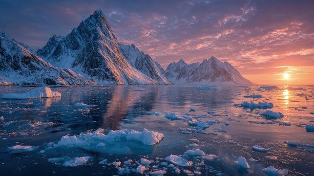Arctic ocean scenic landscape with icebergs floating in icy blue waters snow-covered peaks and a glowing midnight sun