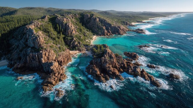 Drone shot of a rugged coastline with turquoise waters scenic landscape with sharp rock formations and white foam