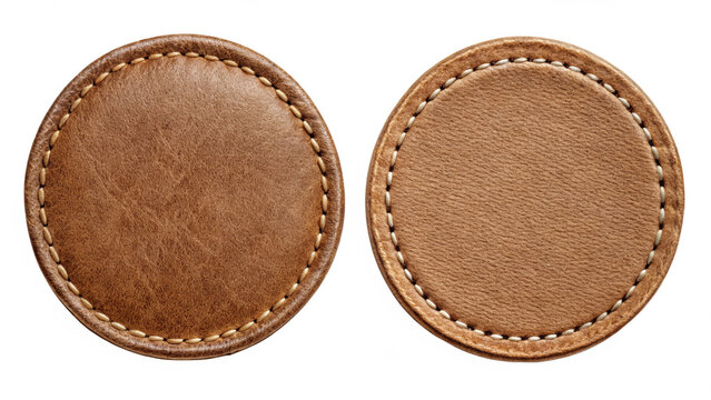 Two brown leather patches with stitching isolated on transparent background