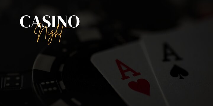 An elegant banner with the text Casino Night on a blurred dark background with playing cards, two aces with copy space. A template for advertising on the theme of a night at the casino. - Powered by Adobe