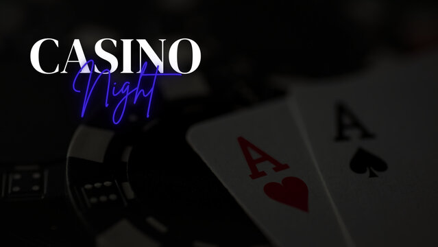 An elegant banner with the text Casino Night on a blurred dark background with playing cards, two aces with copy space. A template for advertising on the theme of a night at the casino.