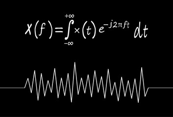 Obraz premium Fourier transform mathematical formula with frequency spectrum waveform. Signal processing concept for science, engineering and technology backgrounds.
