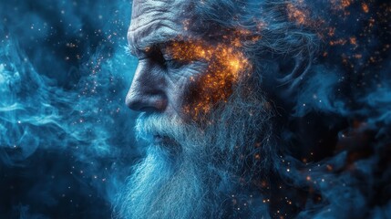 Elderly man, fire, smoke, mystic portrait.  Possible use  Spiritual, fantasy, art