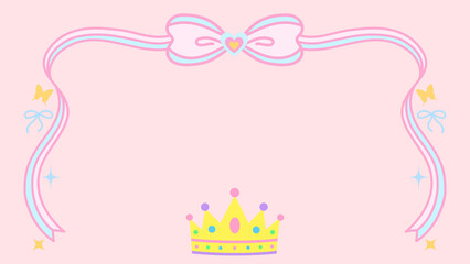 A delicate pastel pink background with a cute ribbon frame and bow- heart, decorated with butterflies and sparkling stars, and a princess's golden crown with a copy space.