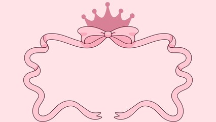 Elegant pink background, template with a cute pink ribbon frame with a bow and a princess crown with copy space. For a girl's birthday invitation, baby shower, or greeting card.