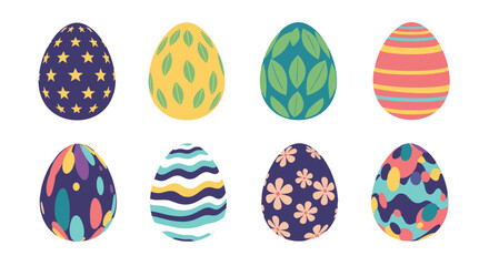 A collection of eight decorated Easter eggs in various colorful patterns.