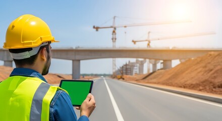 Construction engineer in hard hat and safety vest holding a tablet with a green screen at a construction site with a bridge and cranes.