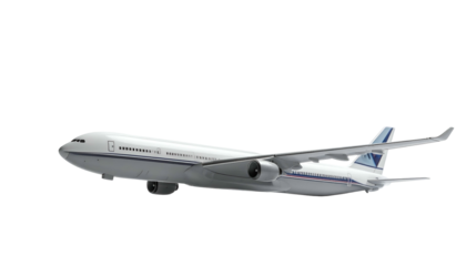 Passenger jet soars in the sky, against a black background