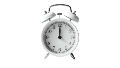 White alarm clock with dual bells showing twelve o'clock