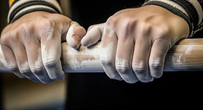 Close-up of chalked hands gripping gymnastics bar