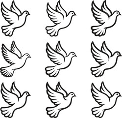 Obraz premium Nine simple line drawings of white doves in flight