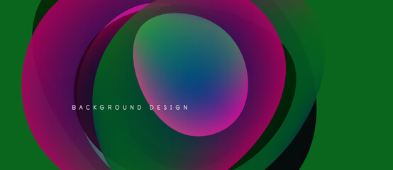 Abstract colorful layers create circular design. Vibrant gradients blend, forming dynamic visual effect. Green background complements composition.