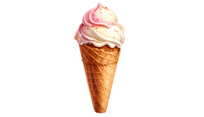 Swirled vanilla-strawberry ice cream in a crisp waffle cone