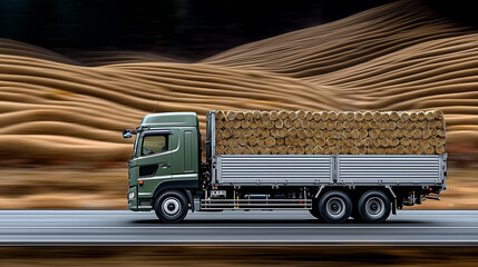 Freight truck carrying logs through desert road