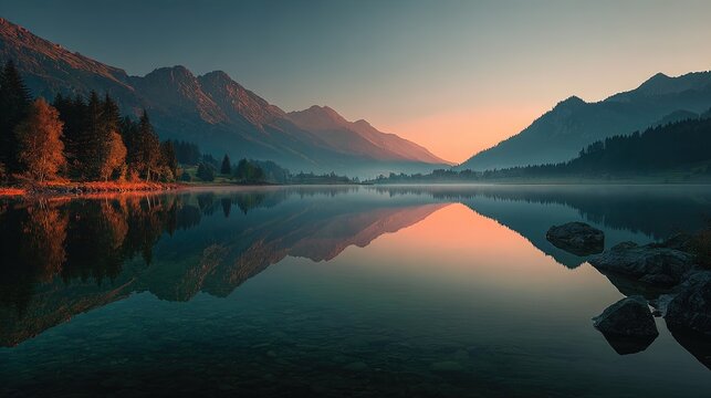 A serene lake at sunrise surrounded by misty mountains scenic landscape with vibrant reflections on the water peaceful and tranquil