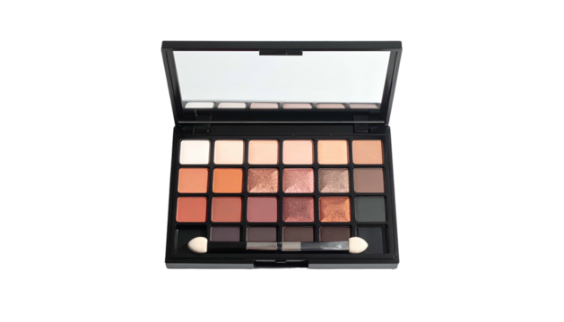 Open eyeshadow palette with earthy, neutral tone squares and applicator
