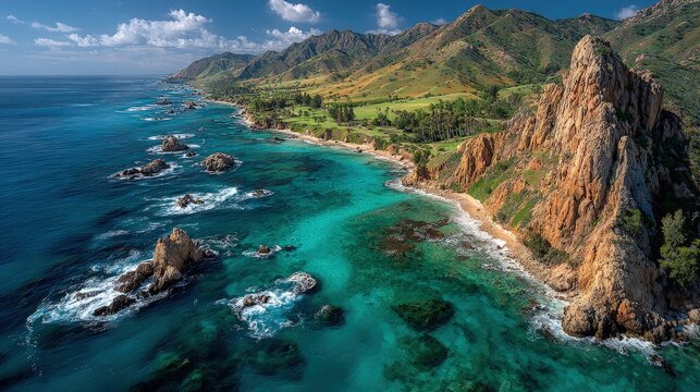 Aerial view of an ocean scenic landscape showcasing endless blue waters meeting lush green coastal hills under fluffy clouds