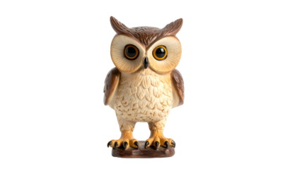 Ceramic owl figurine with big eyes against a black background