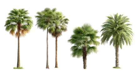 Five palm trees in various shapes and shades of green