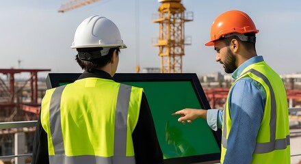 Construction workers collaborating on site using digital display.