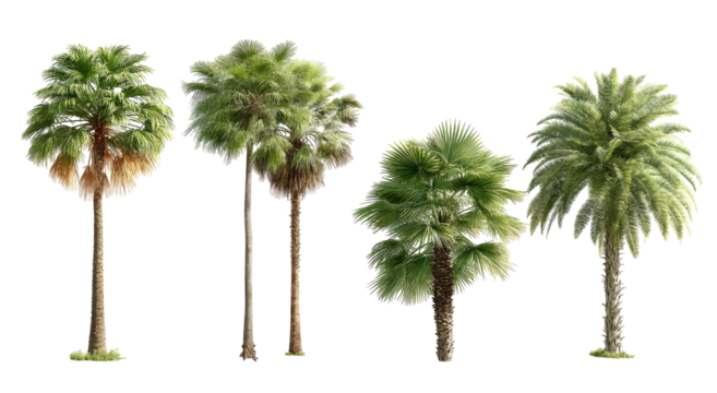 Five palm trees in various shapes and shades of green