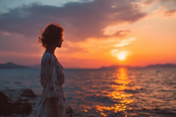 Fototapeta premium slender young woman against a sunset ocean backdrop