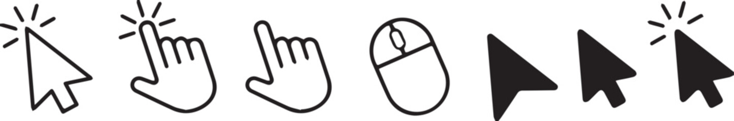 Cursor and Pointer Icon Set – Black UI Symbols for Click, Hand, Mouse, and Arrow Interactions
