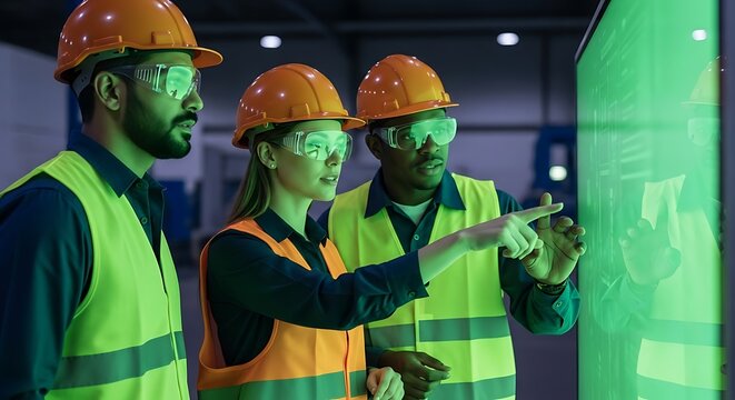 Diverse team of industrial engineers analyzing data on a large digital screen.