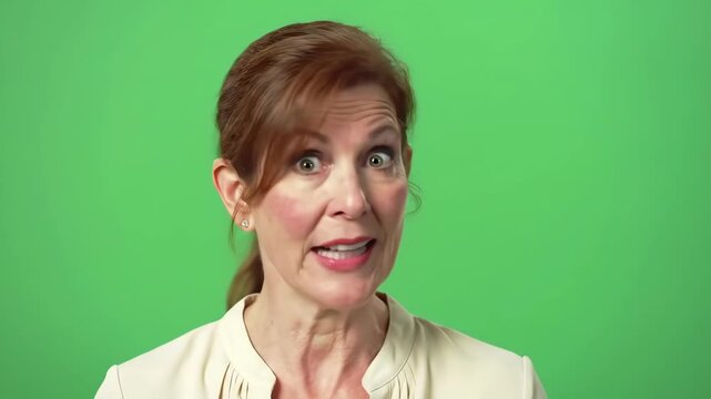 Woman with surprised expression on green screen background