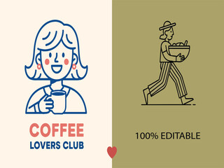 Minimalist Vector Logo Set of Coffee Lovers Club and Farmer Carrying Fresh Produce