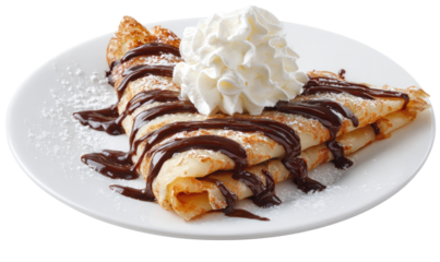 Crepe topped with whipped cream and chocolate sauce