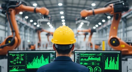 Engineer Monitoring Robotic Arms in Automated Factory Control Room.