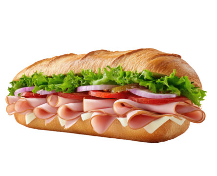 A sub sandwich, filled with ham, cheese, lettuce, tomato, onion, and jalapeno
