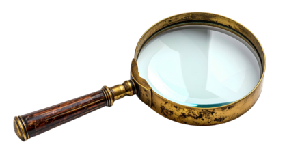 Classic magnifying glass with a tarnished gold rim and wood handle