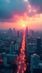 Obraz premium Ambitious Cityscape Blurred City Reaching for a Bright Horizon, conveying aspiration, journey, and future possibilities. Ideal for concepts of ambition, progress, and dreams.