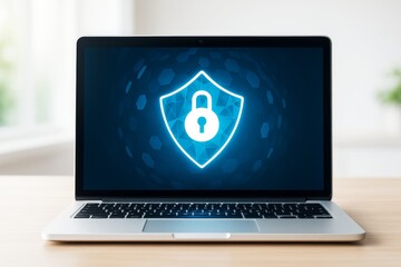 Laptop displaying glowing shield icon with padlock symbol, representing cybersecurity and data protection on dark tech background indoors.