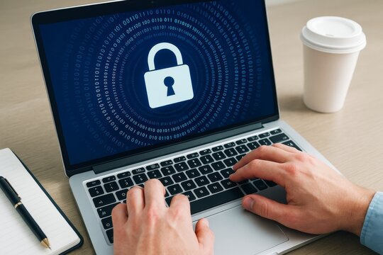 Cybersecurity concept with person typing on laptop showing lock icon and binary code in digital light tech background on wooden desk setup.